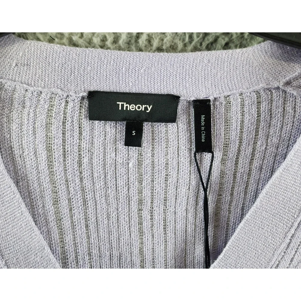 Theory Cropped Cardigan Women's S Soft Iris V-Neck Linen Blend Button Front L/S - Picture 5 of 14